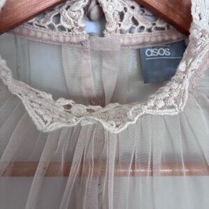 ASOS Nude Lace & Sheer Mesh High Neck Top | Romantic Boho Blouse | US 6